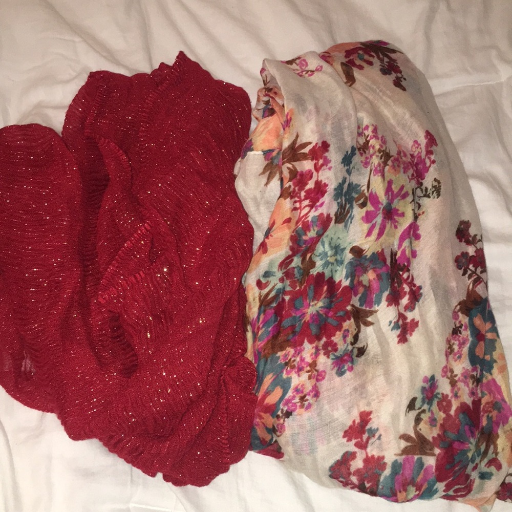 Red infinity scarf and floral fashion scarf